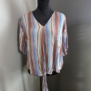 Zac & Rachel Pink and Blue 3/4 Sleeve V-Neck Blouse with Tie Front